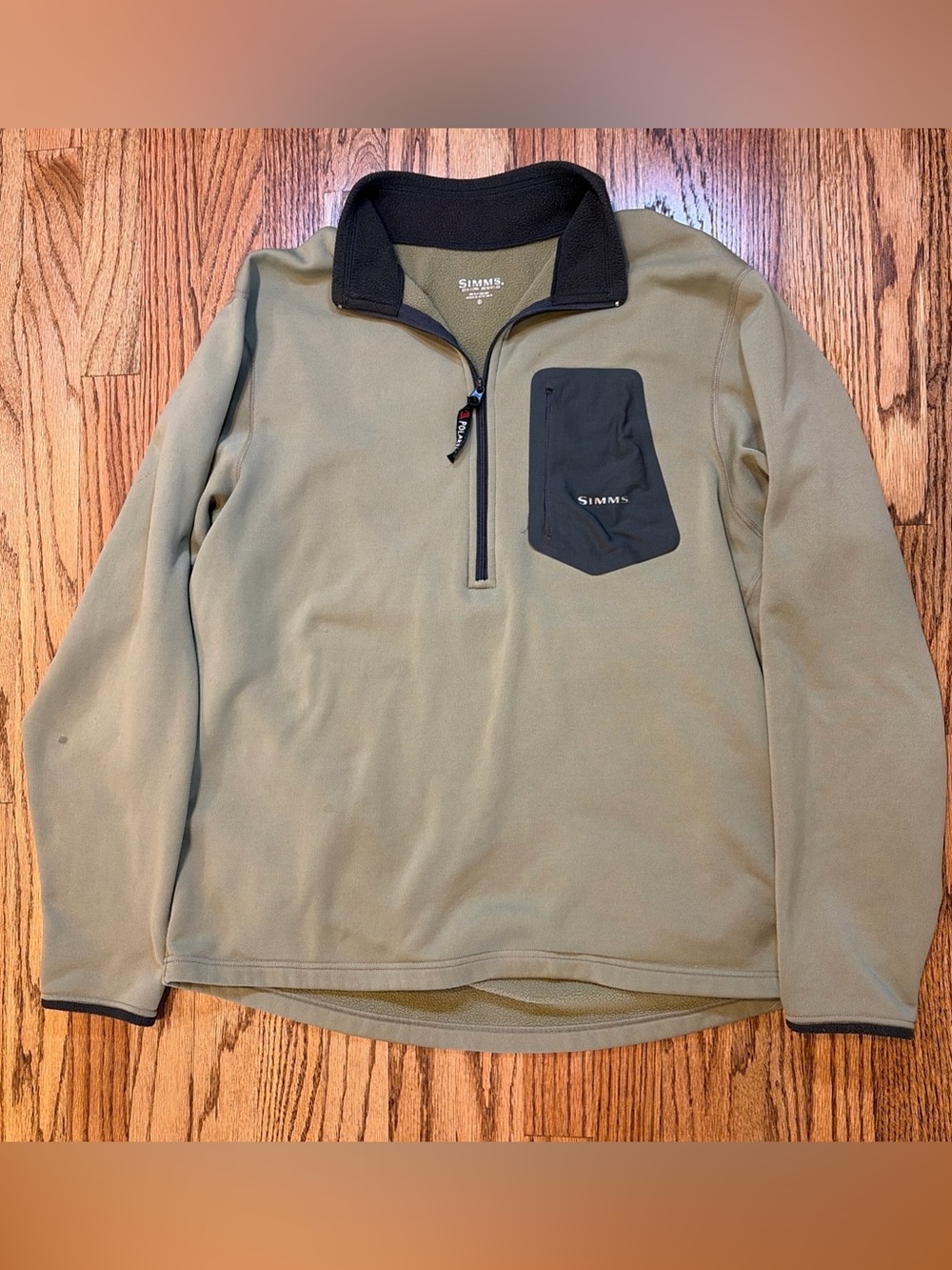 Simms 1/4 Zip fleece pullover Olive Green Fishing Men L Polartec Outdoor FLAW